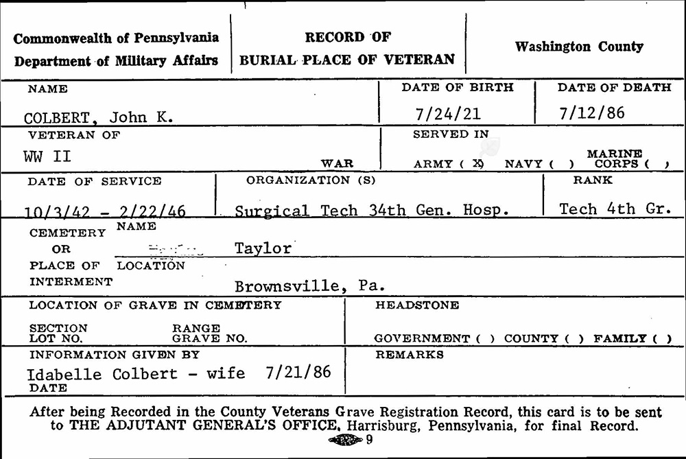 veteran burial card